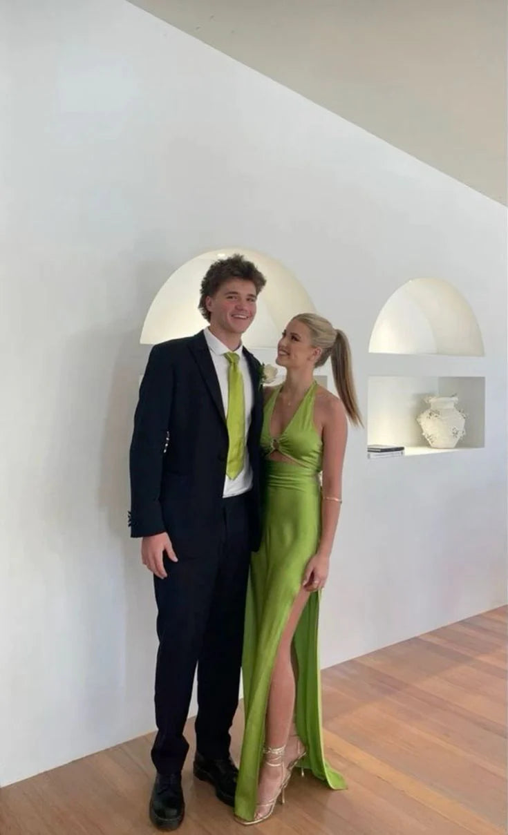 Luolandi Green Halter V Neck Cut Out Satin Long Party Dress Charming Evening Dress Formal Dress